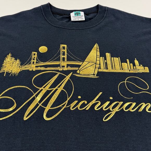 Vintage Michigan Mackinac Bridge Lake Sailboat Gold Embossed Striped Shirt XL - Picture 3 of 7